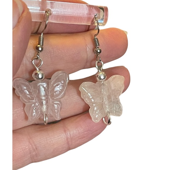 Carved Rose Quartz Butterfly Earrings - Picture 3 of 14